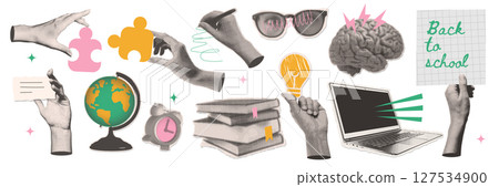 Set of school paper stickers, retro halftone collage elements for media design. Laptop, globe, lightbulb, books, alarm clock, hand, pen, puzzle. Vector design on the theme of school, study, university Set of school paper stickers, retro halftone collage elements for media design. Laptop, globe, lightbulb, books, alarm clock, hand, pen, puzzle. Vector design on the theme of school, study, university 127534900