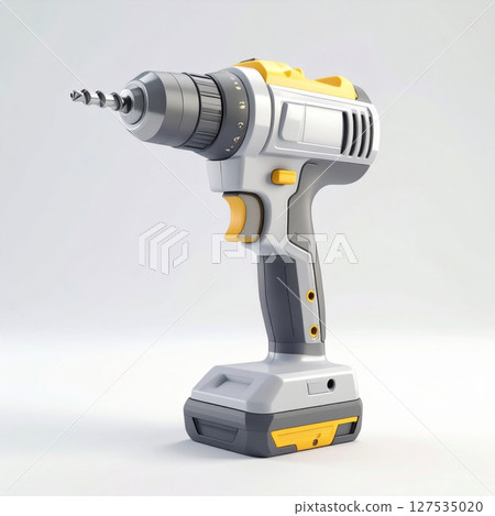 Grey and Yellow Cordless Drill on White Background 127535020