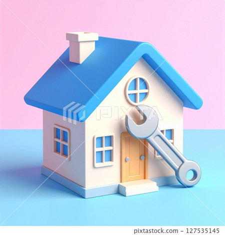 Blue and White Cartoon House with Wrench on Pink Background 127535145