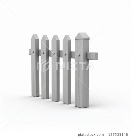 Grey Wooden Picket Fence on White Background 127535146