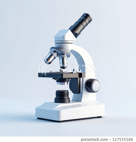 White Microscope on Light Blue Background 127535188