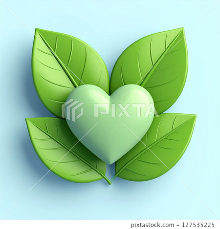 Green Heart with Leaves on Light Blue Background 127535225