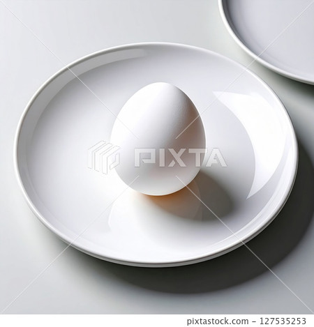 Single White Egg on a White Plate 127535253