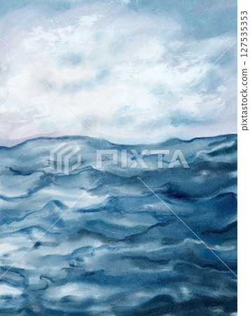 Blue wave and sea abstract impressionist wall art in watercolor and acrylic mix. Modern oil painting on canvas for posters, home decor, invitations, web design, and printable art. 127535353
