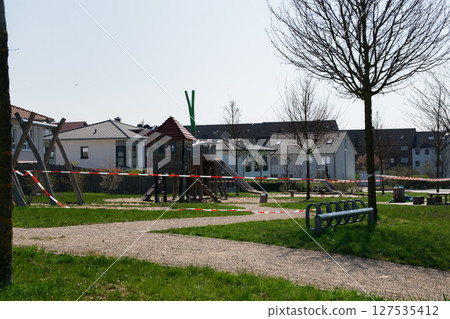 Empty closed playground for children in Europa.  127535412