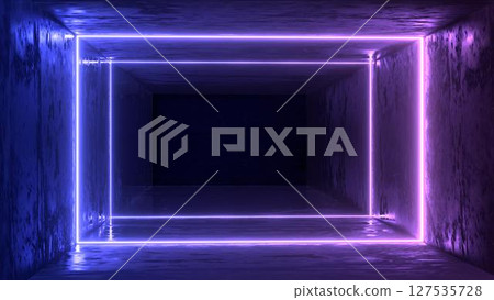 3d render. Geometric figure in neon light against a dark tunnel. Laser glow. 3d render. Geometric figure in neon light against a dark tunnel. Laser glow. 127535728