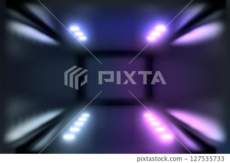 3d Visualization. Geometric figure in neon light against a dark tunnel. Laser glow. 3d Visualization. Geometric figure in neon light against a dark tunnel. Laser glow. 127535733