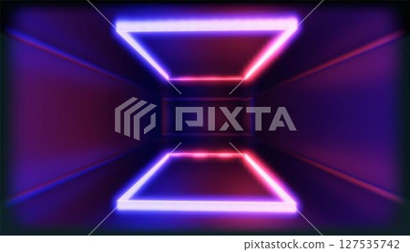 3d Visualization. Geometric figure in neon light against a dark tunnel. Laser glow. 3d Visualization. Geometric figure in neon light against a dark tunnel. Laser glow. 127535742