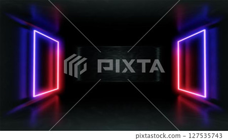 3d Visualization. Geometric figure in neon light against a dark tunnel. Laser glow. 127535743