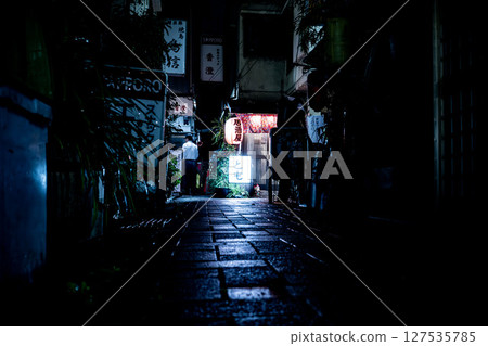 A drinking street lined with red lanterns, a dark alleyway, a dark back alley 127535785