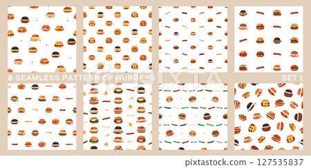 Set of 8 seamless fast food pattern of burger series in minimal graphic illustration style, vivid colors on a white background. Set of 8 seamless fast food pattern of burger series in minimal graphic illustration style, vivid colors on a white background. 127535837