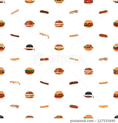 Seamless fast food pattern of burger series, cute mixed simple burgers in minimal graphic illustration style, vivid colors on a transparent background. 127535840