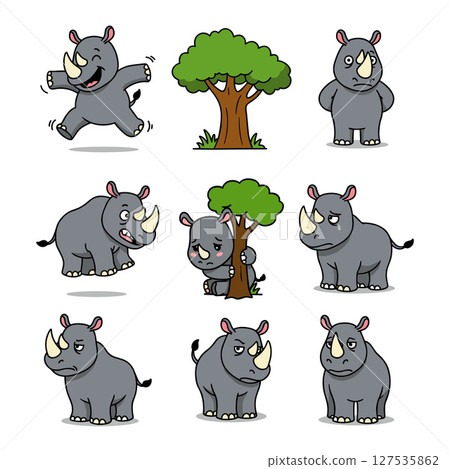 set cartoon character of funny rhino in flat style isolated on white background, vector illustration. Funny rhino in different poses 127535862