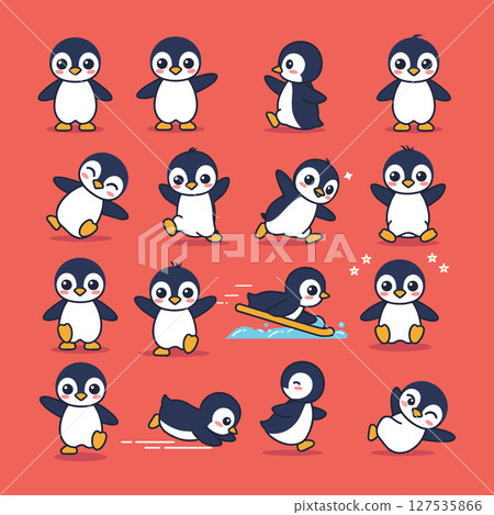 Set of cute penguin cartoon character in different poses Set of cute penguin cartoon character in different poses 127535866