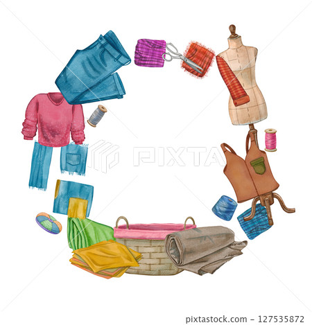 Round frame with watercolor elements of sewing and fashionable design. Illustration of recycling. It includes fabrics, threads, dresses, clothing items, and sewing tool. Ideal for creative needlework. 127535872