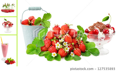 Set of tasty juice, smoothie and ice cream, strawberries, currants and cherries isolated on white Set of tasty juice, smoothie and ice cream, strawberries, currants and cherries isolated on white 127535893