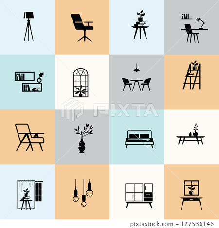 Furniture Icon Set with Minimal Color Grid 127536146