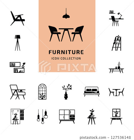 Minimal Furniture Icon Set. Black Silhouette Vector Minimal Furniture Icon Set. Black Silhouette Vector 127536148