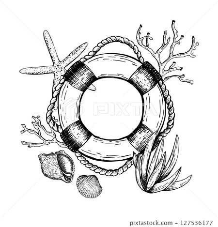 A lifebuoy surrounded by various marine elements including a starfish, seashells, corals, and sea plants. The composition reflects a nautical theme. Hand drawn vector illustration painted by black ink A lifebuoy surrounded by various marine elements including a starfish, seashells, corals, and sea plants. The composition reflects a nautical theme. Hand drawn vector illustration painted by black ink 127536177