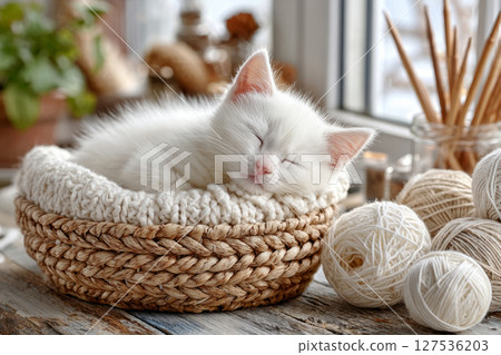 White kitten sleeping in cozy basket near yarn balls 127536203