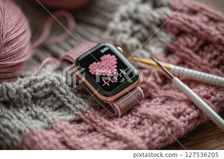 Smartwatch on knitted fabric displaying heart rate with pink heart 127536205