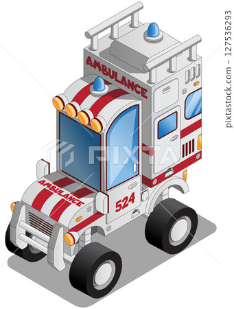Funny ambulance. Isometric. Isolated on white background. Vector illustration. 127536293