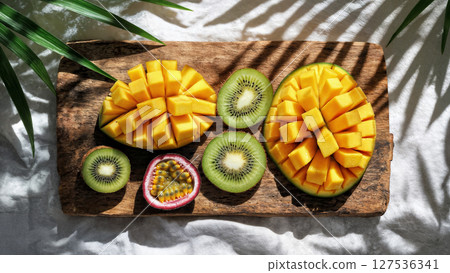 Flat-lay of sliced mango, kiwi, and passion fruit arranged aesthetically on a rustic wooden board 127536341
