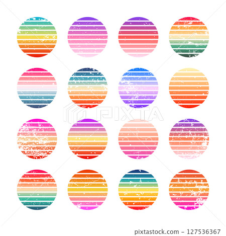 Grunge vintage colorful sunset. Striped gradient sunrise badges in 80s and 90s style. Sun and ocean view, summer vibes, surfing. Design element for print, logo or t-shirt. Vector illustration Grunge vintage colorful sunset. Striped gradient sunrise badges in 80s and 90s style. Sun and ocean view, summer vibes, surfing. Design element for print, logo or t-shirt. Vector illustration 127536367