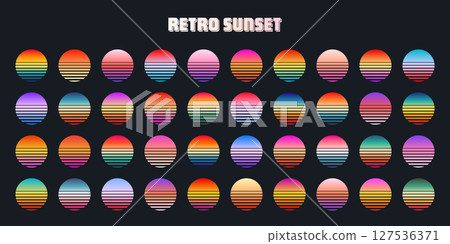 Vintage colorful sunset. Striped gradient sunrise badges in 80s and 90s style. Sun and ocean view, summer vibes, surfing. Design element for print, logo or t-shirt. Vector illustration 127536371