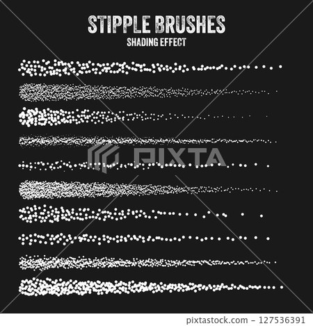 Ink scatter brush, stipple drawing and texturing. Fading gradient. Stippling, dotwork drawing, shading using dots. Halftone disintegration effect. White noise grainy texture. Vector illustration 127536391