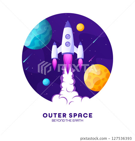 Rocket launch, space futuristic colorful background with planets and stars. Cartoon starship, spaceship in night sky. Solar system, galaxy and universe exploration. Vector illustration Rocket launch, space futuristic colorful background with planets and stars. Cartoon starship, spaceship in night sky. Solar system, galaxy and universe exploration. Vector illustration 127536393