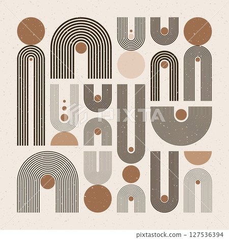 Arch and circle elements, modern geometric shapes. Contemporary design, mid century minimalist art. Trendy design elements for wall decor, posters, books, covers and flyers. Vector illustration 127536394