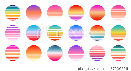 Vintage colorful sunset. Striped gradient sunrise badges in 80s and 90s style. Sun and ocean view, summer vibes, surfing. Design element for print, logo or t-shirt. Vector illustration 127536396