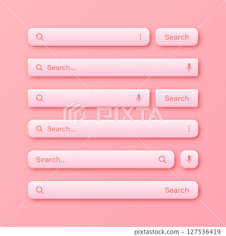 Colorful 3d search bar templates. Internet browser engine with search box, address bar and text field. UI design, website interface element with web icons and push button. Vector illustration Colorful 3d search bar templates. Internet browser engine with search box, address bar and text field. UI design, website interface element with web icons and push button. Vector illustration 127536419