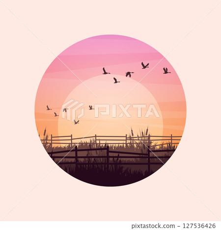 Meadow silhouettes with grass and old wooden fence. Countryside, round panoramic summer lawn rural landscape with herbs, weeds. Agriculture and farming. Summer sunset in nature. Vector illustration Meadow silhouettes with grass and old wooden fence. Countryside, round panoramic summer lawn rural landscape with herbs, weeds. Agriculture and farming. Summer sunset in nature. Vector illustration 127536426