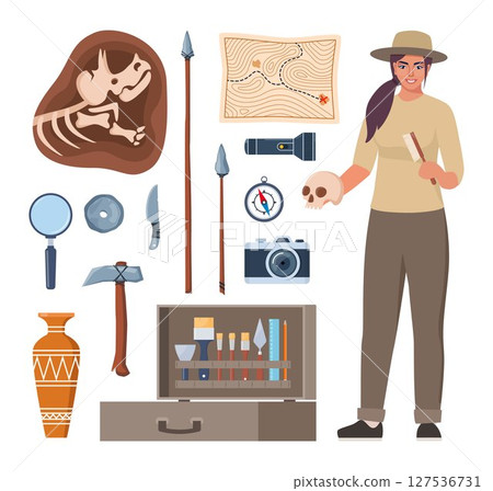 Archaeological tools, finds and archaeologist character. Brushes instruments for excavating historical treasures. Vector illustration. Archaeological tools, finds and archaeologist character. Brushes instruments for excavating historical treasures. Vector illustration. 127536731