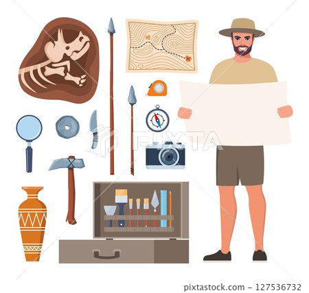 Archaeological tools, finds and archaeologist character. Brushes instruments for excavating historical treasures. Vector illustration. Archaeological tools, finds and archaeologist character. Brushes instruments for excavating historical treasures. Vector illustration. 127536732