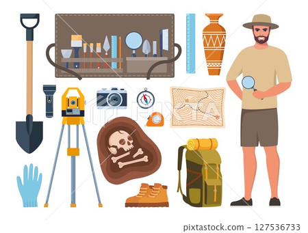 Archaeological tools, finds and archaeologist character. Brushes instruments for excavating historical treasures. Vector illustration. 127536733