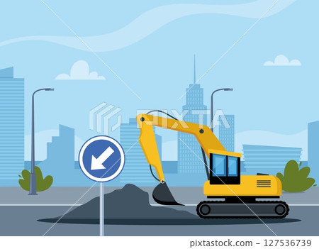Road repair urban background with modern special machinery on blocked roadway. Heavy equipment for road construction on city background. Vector illustration. 127536739