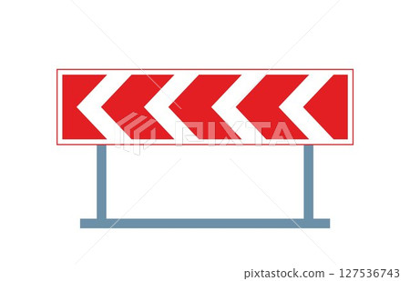 Dangerous curve direction sign featuring a triangular shape with red border and chevron arrows, indicating the direction to follow in a curve or around roadwork areas. Vector illustration. 127536743