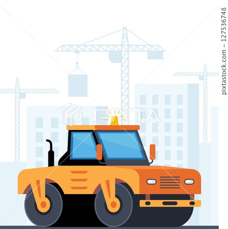 Yellow compactor, vibratory Road roller and asphalt paver, heavy equipment for road construction on city background. Vector illustration. 127536748