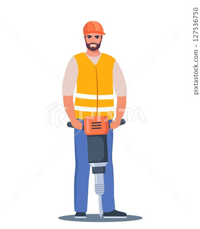 Construction worker stands with Jackhammer, ready to break ground. Smiling male character industrial worker or builder. Vector Illustration. Construction worker stands with Jackhammer, ready to break ground. Smiling male character industrial worker or builder. Vector Illustration. 127536750