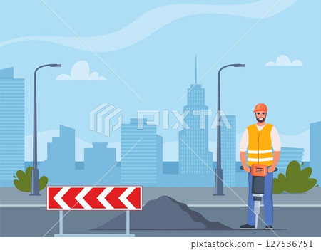Road repair composition. Construction worker stands with Jackhammer, ready to break ground. Smiling male character industrial worker or builder. Vector illustration. 127536751