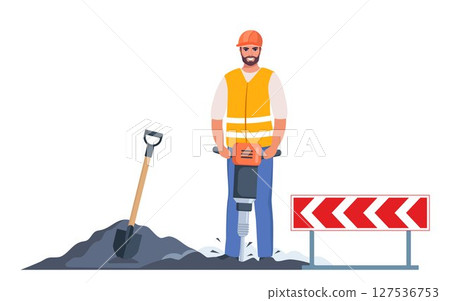 Road repair composition. Construction worker stands with Jackhammer, ready to break ground. Smiling male character industrial worker or builder. Vector illustration. 127536753