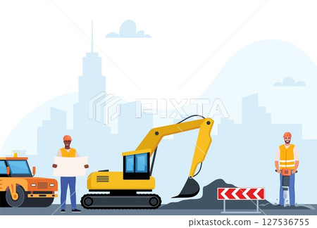 Road repair composition consisting of heavy equipment, road signs and people performing geodetic and road works. Vector illustration. 127536755