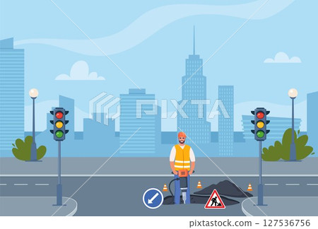 Road repair composition consisting of heavy equipment, road signs and people performing geodetic and road works. Vector illustration. 127536756