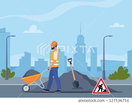 Road repair composition consisting of heavy equipment, road signs and people performing geodetic and road works. Vector illustration. 127536758