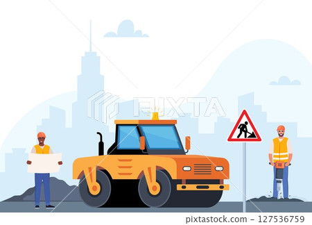 Road repair composition consisting of heavy equipment, road signs and people performing geodetic and road works. Vector illustration. 127536759