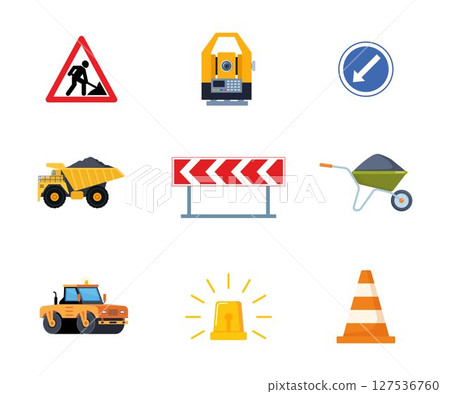 Road repair set. Tools and equipment for road works. Road signs, paver, road, restrictive cone, theodolite, excavator, trolley, shovel, asphalt. Vector illustrations. 127536760