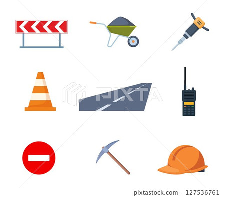 Road repair set. Tools and equipment for road works. Road signs, paver, road, restrictive cone, theodolite, excavator, trolley, shovel, asphalt. Vector illustrations. 127536761